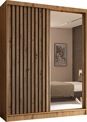 Moderner Kleiderschrank Schwebetürenschrank mit Spiegel und Holzlamellen 100 150 200 cm - Kleiderschrank für Schlafzimmer mit Schwebetüren - Kleiderstange - 160 cm - Eiche Artisan / Schwarze Lamellen