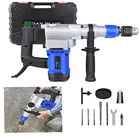Hammer Drill Corded 4500 RPM with 360° Rotating Handle, 44 x 23 x 8 CM, Hammer, Drill, Pick 2 Mode in 1, Included 3 Drill Bits, 2 Chisel, 1 Dust Cover, 1 Lubricating Oil Box, Case