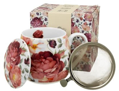 DUO FLORAL Fassbecher 430 ml SPRING ROSES WHITE mit Teesieb, New Bone China Porzellan