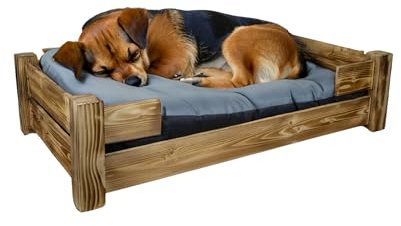Kistenkolli Altes Land Hundekorb Winston XL aus Holz mit Kissen 100x60x25cm Hundekorb Hundekissen Schlafplatz Vintage Hundesofa (Geflammt)