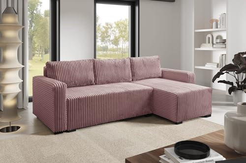 LIKMA Schmutziges Rosa Ecksofa Cord Tilia mit Schlaffunktion und Bettkasten, 232x96x145 cm, Sofa L-Form, Schlafsofa mit Stauraum, Wohnlandschaft, Cord Sofa Schlafcouch Stoff: Tilia 62