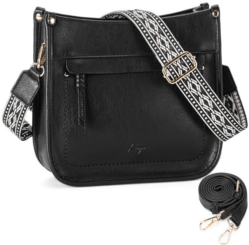 Kasgo Umhängetasche Damen, Handtasche Mode Crossbody Bag Klein Schultertasche Frauen Mit 2 Verstellbarem Gitarrengurt für Reisearbeit Täglich Schwarz
