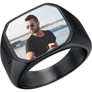 U7 Personalisierter Siegelring Herren Edelstahl Ringe Schwarz Herren Ring mit Gravur Foto Ehering Verlobungsring Männer Fingerringe Schwarz Bandring Memorial Ring Vorsteckring Modeschmuck für Party