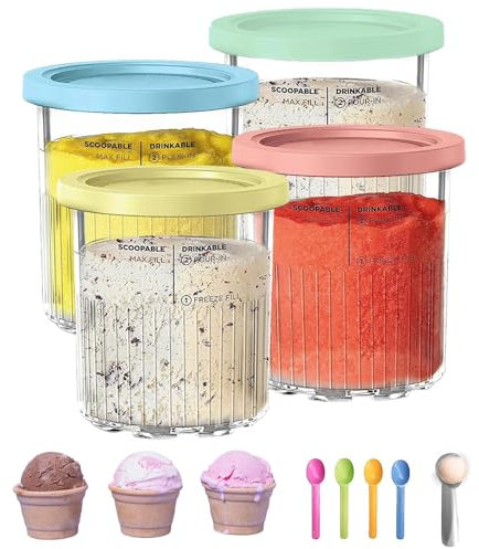 4 Piezas Recipiente de Helado para Ninja Creami Deluxe Pints,Recipiente para Helados,con Tapa y Cuchara,sin BPA,compatibles con NC501, NC500 Serie