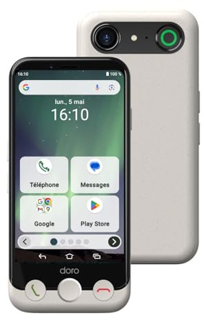 Doro - Smartphone Aurora A10 - Téléphone Portable Senior - Facile à Utiliser - Touche d'Assistance avec Localisation GPS - Compatible Appareils Auditifs - Câble USB Inclus - Blanc