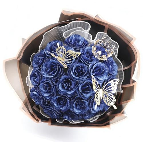 Bouquet Rose Blu Finte Brillantini Eterna Mazzo di Fiori Glitterati | Fai da te 24 Pezzis Rose Artificiali Blu Scuro Farfalle E Corona per San Valentino Matrimonio Anniversario Festa Della Mamma