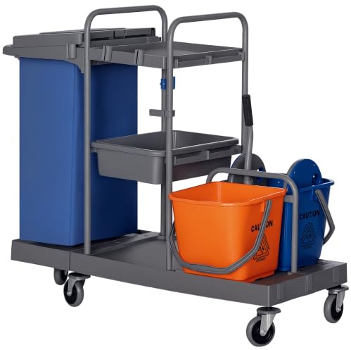 HOMCOM Putzwagen 3 Ebenen Wischwagen mit Presse 2x18L Eimer Grau | Reinigungswagen, Abfallsack, 4 Rollen, für Hotel Gastronomie und Gebäudereinigung