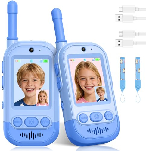 Video Walkie Talkie Kinder, Gofunly Walkie Talkie 2 Pack Set mit Wiederaufladbar Bildschirm, 400m Reichweite, Geburtstagsgeschenk Weihnachten Spielzeug für Jungen & Mädchen 3-12 Jahre - Blau+Blau