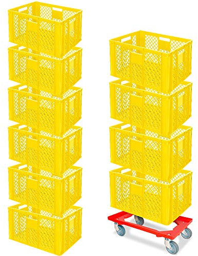 BRB 10er Spar-Set Euro-Stapelbehälter Plus Transportroller, 600x400x320 mm Industriequalität lebensmittelecht gelb
