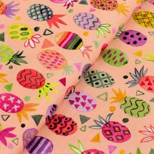 Jersey mit bunten Ananas auf Rosa als Meterware zum Nähen, 50 cm