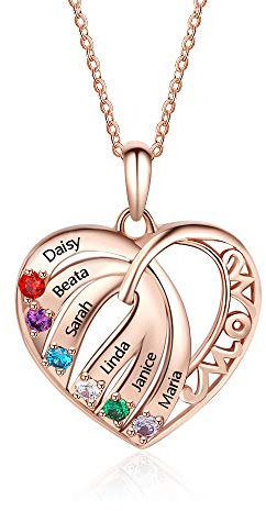Personalised Love Heart Sterling Silver Rose Gold Necklace for Women Cusume Jewellery Pendant for Mum Grandma BFF Name Necklace Chain Customised Gifts 6 Simulated Birthstone Engraved Names Necklaces