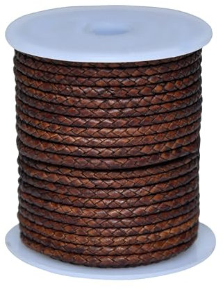 Cords Essentials Round Braided Genuine Leather String Bolo Cord, Rope for Jewelry Making, Necklaces, Bracelets, Wraps, Crafts and Hobby Projects (Distressed Dark Brown, 3 MM 5.46 Yards = 5 MTR Spool)