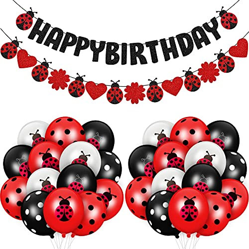 26 Stücke Marienkäfer Geburtstag Dekoration Enthalten Marienkäfer Happy Birthday Banner Marienkäfer Luftballons Schwarz Rot Polka Punkte Latex Ballons Partyzubehör für Geburtstag Party