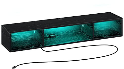 Rolanstar Meuble TV avec prise de courant, support TV flottant avec lumières RVB, étagère TV murale de 120 cm, console multimédia noire avec étagère de rangement, divertissement sous TV pour salon