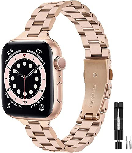 VISOOM Strap Compatible with Apple Watch Strap 38mm 40mm 41mm 42mm 44mm 45mm for Women Men, Stainless Steel Replacement Slim Metal iWatch for Series 8 7 SE 6 5 4 3 2 1 Strap, 38/40/41mm Rose Gold