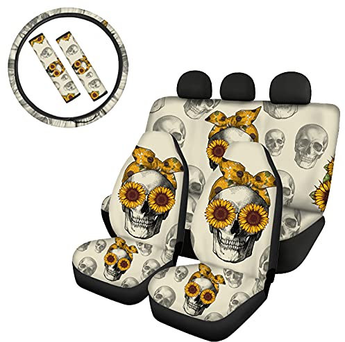 Biyejit Autositzbezug mit Totenkopf-Sonnenblumen-Motiv, für Damen und Herren, 4 Autositzbezüge + 1 Lenkradbezug + 2 Sicherheitsgurtpolster, dekoratives Zubehör für SUV, LKW, Autos