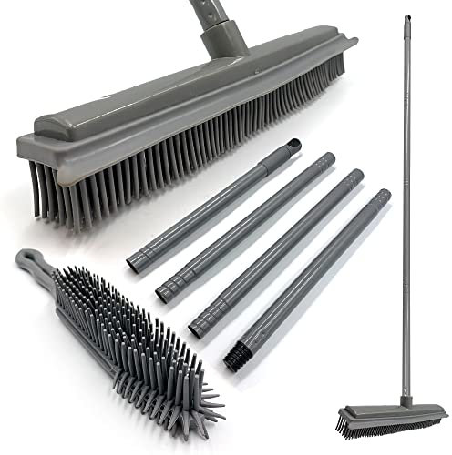 Rubber Broom and Rubber Hand Brush Set − Soft Broom Indoor, Carpet Sweeper and Pet Hair Remover with 31cm Rubber Brush Head and 120cm 4-Section Metal Handle, Comes with a Rubber Carpet Brush
