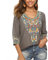 Seasonal Damen Stickerei Bluse Bohemian Herbst Tunika Bestickte Folklore Blusen Hippie Blumenmuster Oberteil 3/4 Arm Lose Tops (Large, 054-Grau)