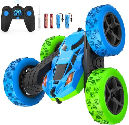 cosone Ferngesteuerte Autos, 2,4 GHz Ferngesteuertes Autospielzeug mit Scheinwerfern, Allrad Offroad Stuntauto, Doppelseitig um 360° Drehbar, Geburtstagsgeschenke für Jungen ab 6 Jahren (Blau-Grün)