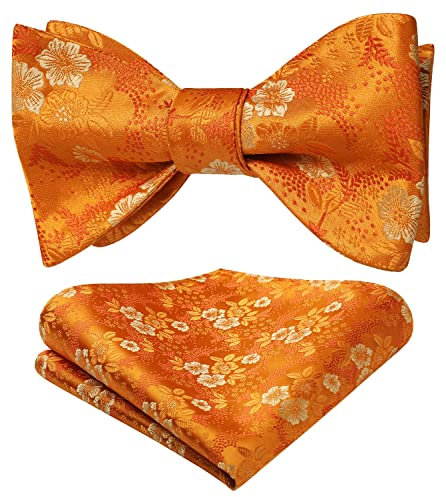 HISDERN Herren Fliege Orange Floral Self Fliege und Einstecktuch Set Blumen Jacquard für Hochzeit Feier