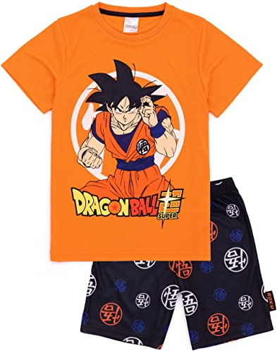 Dragon Ball Z Kids Pyjama Set | Boys Orange Short Sleeve Goku T-Shirt with All Over Print Warrior Symbol Black Shorts | Dragon Ball Super Anime Clothing Merchandise Gift for Children & Teens