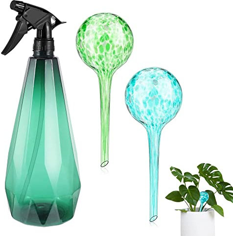 Watering Globes Plant Watering Stakes,2 Pcs Glass Self Watering Feeding System with Plant Mister Spray Bottle for Watering Plants, Flowers