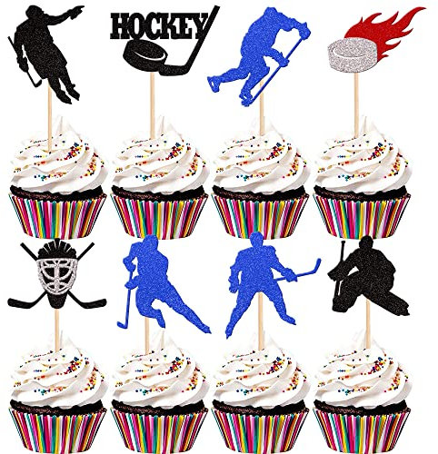 24 Stück Hockey-Cupcake-Topper, bunte Glitzer-Hockeyspieler, Cupcake-Plektren, Eishockey-Kuchendekorationen für Sport, Thema, Babyparty, Kinder, Jungen, Mädchen, Geburtstagsparty-Zubehör