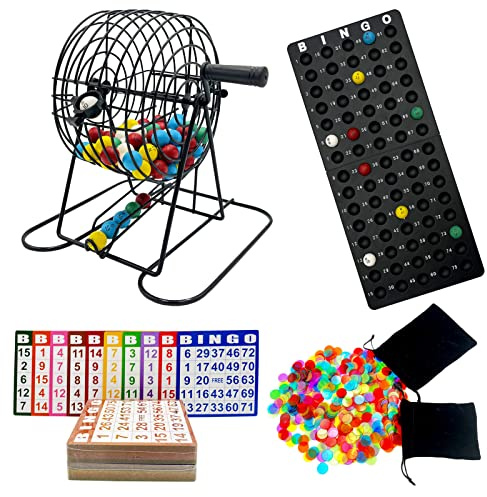 JUNWRROW Deluxe Bingo Game Set-Includes Bingo Cage,600 Colorful Bingo Chips with a Bag,100 Mixed Bingo Cards,75 Calling Balls with a Bag,Plastic Master Board-Ideal for Large Groups, Parties