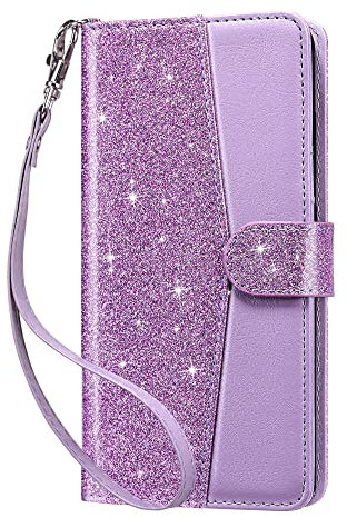 ULAK Handyhülle für Samsung Galaxy S20 FE Hülle Premium Leder Schutzhülle Tasche Flip Case Standfunktion Kartenfach Klapphülle mit Stoßfest Magnetisch Cover - Lila Glitzer