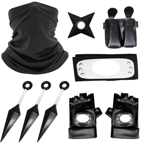 Philoctes Kostüm Schwarzes Halloween, Schwarzes Cosplay Kostüm, 9 Stück Kostüm Halloween Junge, Maske, Stirnband, Tasche, Plastische Dekoration, für Maskerade Karneval