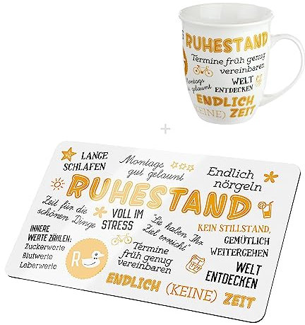 CULT at home Geschenkset Ruhestand Rente - 2 teilig – 1 x Brettchen 1 x Jumbo Tasse Kaffeepot Rentner Tasse – Frühstücksbrett Brotbrett – Geschenk Oma Opa – Brett: 23,5 x 14,5 cm