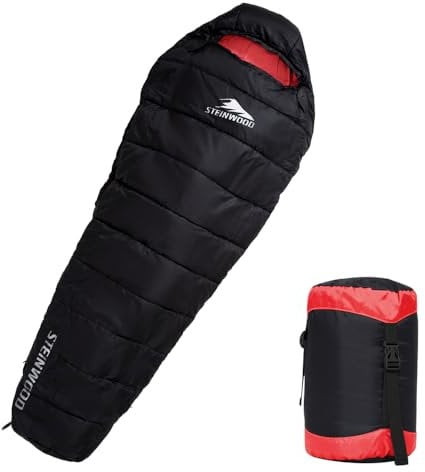 Steinwood Premium Schlafsack Koppelbar Extra Breit 3-4 Season 210cm - Outdoor, Mumien, Hütten (3/4 Season - Schwarz/Rot - Zipper Beidseitig)