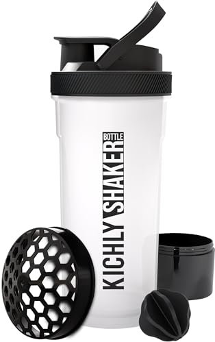 KICHLY Shaker Bottle 1 Pack - 24 Ounce Plastic Protein Shaker Bottle for Pre & Post workout with Twist & Lock Protein Box Storage (Clear/Black)
