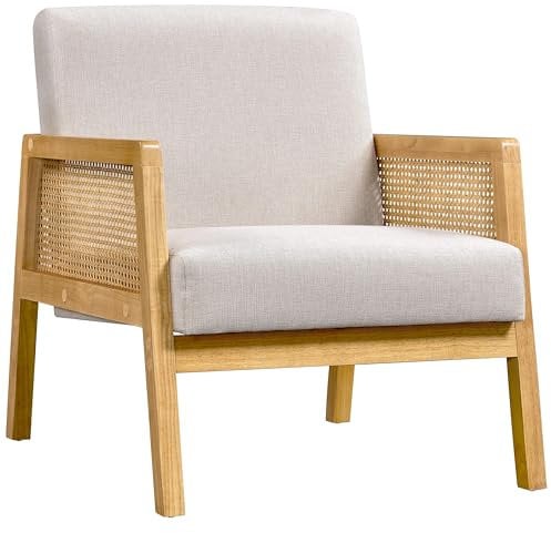 Abician Fauteuil de Salon en Bois et en Tissu Chaise de Rotin Relax avec Coussins Rembourrés pour Salon Chambre Vérandas Beige/1