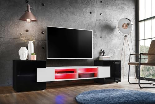 Komodee, Merano Bank TV Schrank, Schwarz Weiss Schwarz, LED RGB, Breite 230 cm x Höhe 52,5 cm x Tiefe 35 cm, für Wohnzimmer, Schlafzimmer