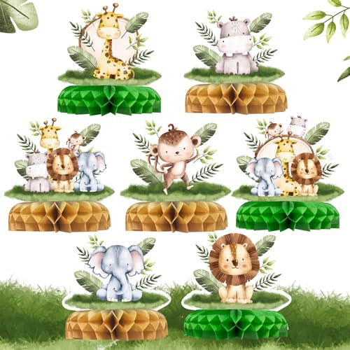 QIFU 7 Pcs Jungle Animals Honeycomb Centerpieces Safari Jungle Themed Birthday Party Supplies Wild Animals Jungle Party Decorations Baby Shower Table Decorations for Boys Girls Birthday Theme Party