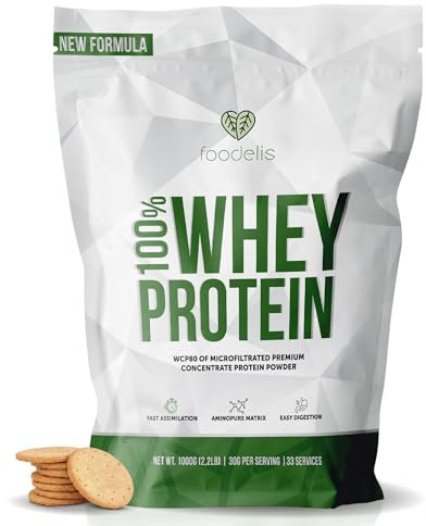 Foodelis Whey Protein 1 kg Galleta | 33 Dosis de Proteína en Polvo con Aminoácidos Esenciales | Para Masa Muscular y Recuperación Rápida | Alta Solubilidad y Fácil Digestión