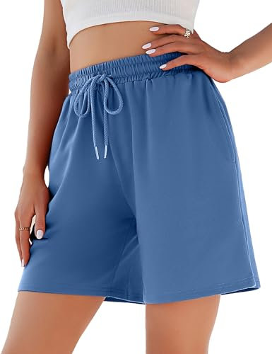 Jezonga Shorts Damen Sporthose Kurz Sport Shorts Jogginghose Sommer mit Taschen Sportshorts Hohe Taille Trainingshose Kurze Short High Waist Elastischer Bund zum Fitness Running Gym Himmelblau XL
