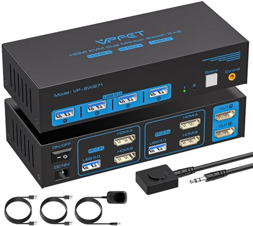 AILVLVNG 4K120Hz HDMI KVM Switch 2 PC 2 Monitore 8K60Hz USB 3.0 KVM Umschalter für 2 Computers teilen sich zwei Monitore und 4 USB Geräte wie Tastaturen, Mäuse, Drucker mit 2 USB Kabeln