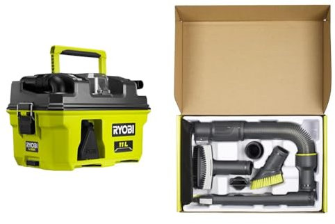 RYOBI - Aspirateur Eau et poussière 18V - 105 AW - 1500 L/Min - 11 L - RV1811 & Kit 6 Accessoires pour Nettoyage de l'automobile pour aspirateurs R18HV / R18PV / R18WDV0 / RVC1530IPTG