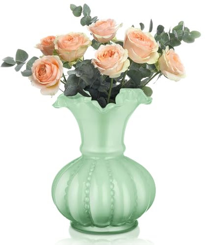 Joeyan Hand-Made Blown Green Coloured Glass Flower Vase with Wide Waved Mouth Ribbed Body Design for Office Home Decor Wedding Table Centerpiece, 20cm Thick Heavy Vintage Pedestal Vase for Living Room