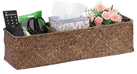 IGNPION 3-compartment Seagrass Storage Baskets Woven Basket Toilet Tank Top Basket Bathroom Storage Box Shelves Multipurpose Decorative Baskets, Coffee