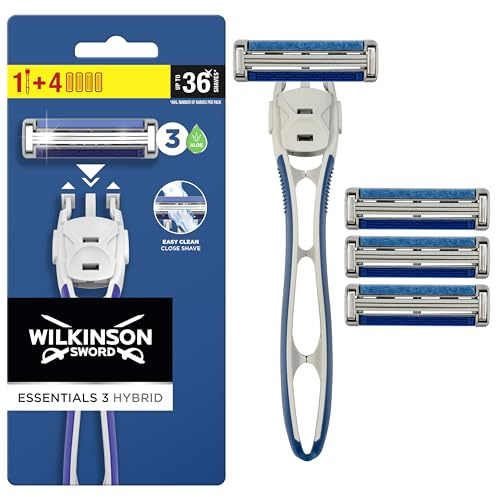 Wilkinson Sword - Einwegrasierer Extra 3 Essentials Hybrid - Herrenrasierer mit 3 Klingen - 1 x Rasierer + 4 Ladegeräte