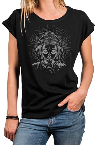 MAKAYA Yoga Shirt Damen Kurzarm Top Lotus Buddha Motiv mit Kopfhörer Namaste Meditation Yin Yang Damenshirt Schwarz XXXL