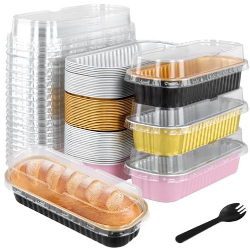 MOUYAT 60PCS Mini Loaf Pans with Lids and Spoons, 6.8 oz 200ml Mini Cake Tins, Rectangle Loaf Foil Tin Liners, Aluminum Foil Baking Pans for Baking, Picnic, Birthday, Gold, Pink, Black