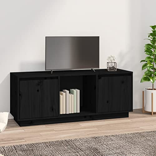 Rustic Black TV Stand Cabinet 110cm with 2 Doors & Open Shelf for 45 Inch TVs Pinewood Media Console Table for Living Room Entertainment Center
