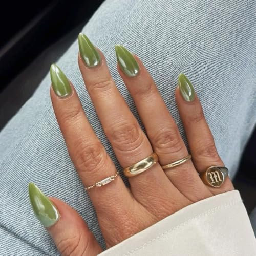 Chrome Green False Nails Almond, SXVME Glazed Chrome Press On Nails Medium Stiletto, Glitter Shine Fake Nails Medium Cute, Spring Acrylic Stick on Nails for Women Daily & Party Wear