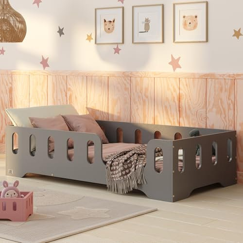 smartwood Bodenbett 80x160 Grau - Montessori Kinderbett aus Holz mit FSC-Zertifikat TILA 2P mit Rausfallschutz & Lattenrost bis 230kg belastbar - Einfache Montage