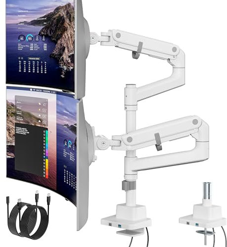 monTEK Braccio doppio per monitor curvo Ultrawide da 17-57 pollici, resistente, con USB, bianco