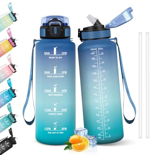 HoneyHolly Botella Agua, 1.5L Botella Agua Gimnasio con Pajita, Cantimplora, con Marcador de Tiempo, Water Bottle Deportiva, Prueba de Fugas, Cantimplora para Escuela, Senderismo, Fitness